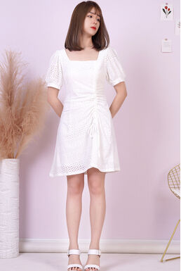Fine Square Neck Side Drawstring Eyelet Dress (White)